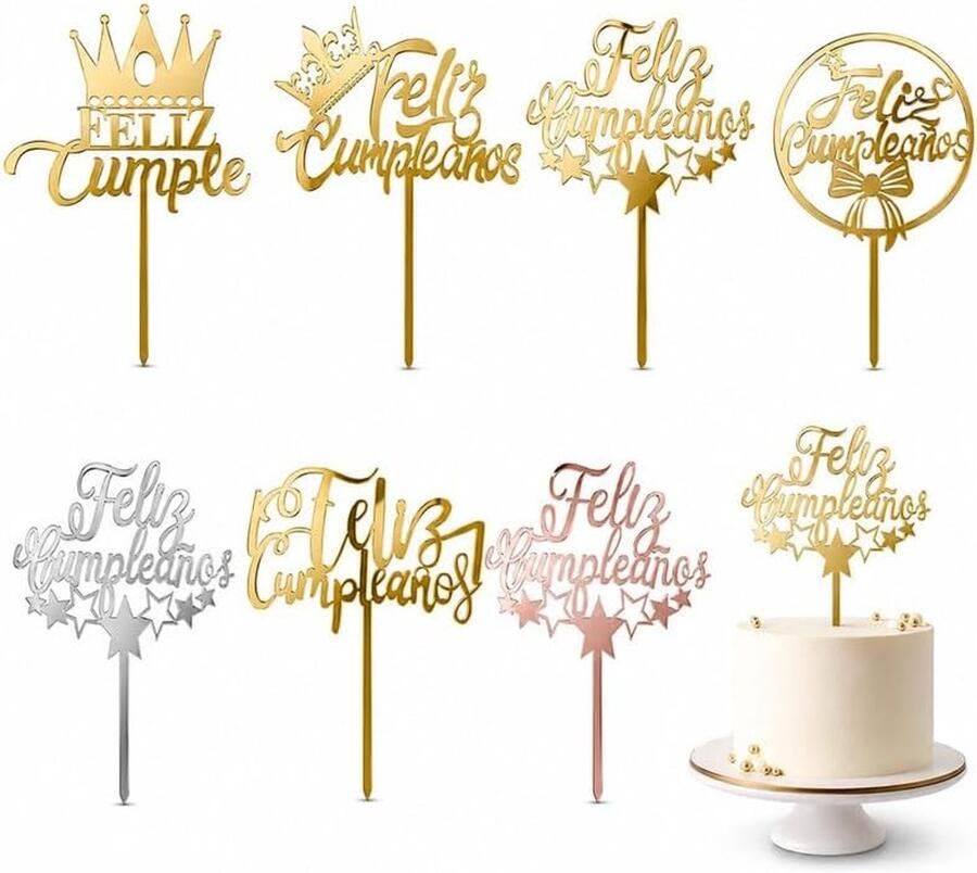 Cumpleaños Cake Topper Set 7 stuks van goud acryl met spiegeleffect Spaanse verjaardagstaartdecoratie met prikker cake decoratie voor taart feest desserttafel en viering