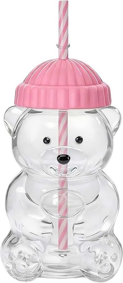 Cup Glazen Berenbeker 580ML met Rietjesdeksel Drinkglazen Transparante Koffie Glazen Beker voor Warme en Koude Dranken (Roze)