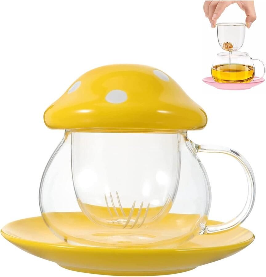 Cup Paddenstoelbeker met deksel Mushroom mok paddenstoelglas glazen beker met deksel met onderzetter. Theezeef 290 ml (geel)