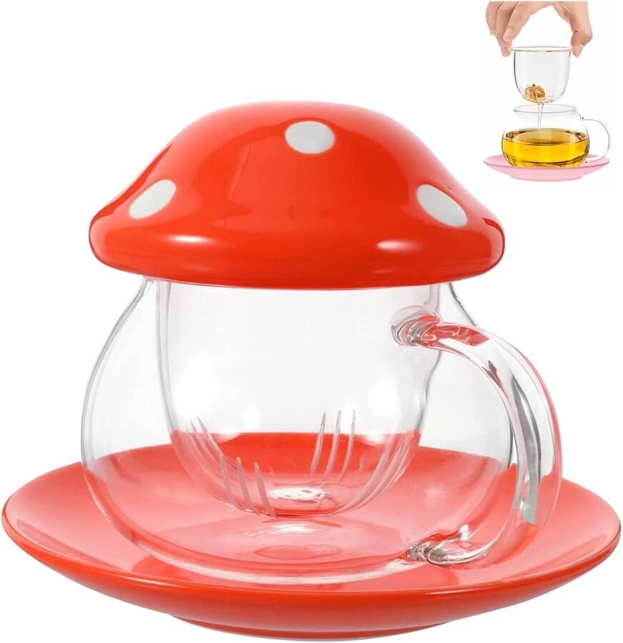 Cup Paddenstoelbeker met deksel Mushroom mok paddenstoelglas glazen beker met deksel met onderzetter. Mok deksel. Theezeef 290 ml (Oranje