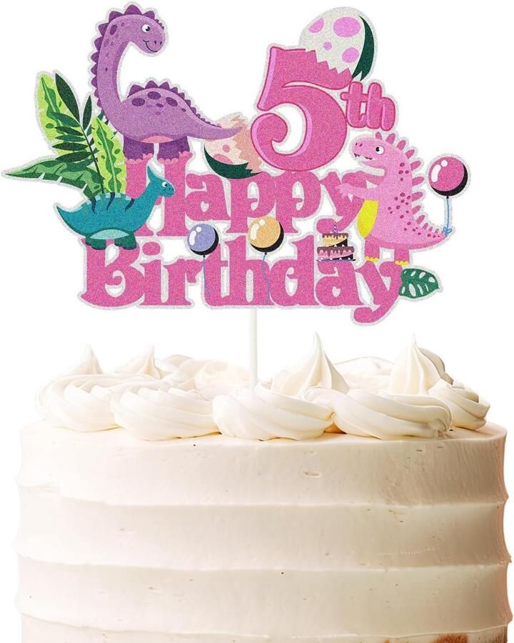 Cupcake- dinosaurus taartdecoratie taarttopper dinosaurus Happy Birthday taarttopper voor baby's kinderen jongens feestdecoratie (roze 5)