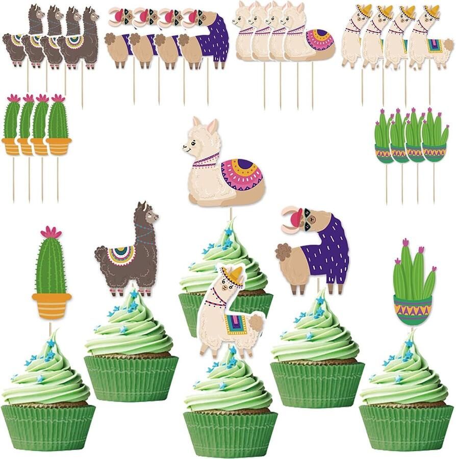 Cupcake toppers 24 stuks taartdecoratie alpaca cactus decoratie verjaardag woestijn taarttoppers voor cupcake doe-het-zelf decoratie voor bos diermotief babyshower verjaardag