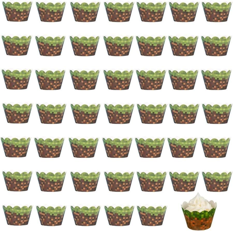 Cupcake-vormpjes met spelmotieven 48 stuks Motief: Miner Muffins bakvormpjes decoraties voor de rand van de taart voor verjaardagsfeestje babyparty