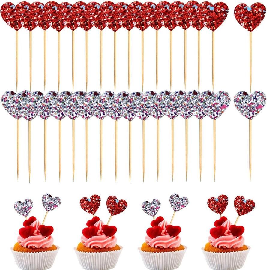Cupcaketoppers 30 stuks glitter hartvormige taartdecoraties zoete liefde thema taarttopper voor bruiloft verloving bruidsdouche verjaardag voor cake cupcake en ijs (A)