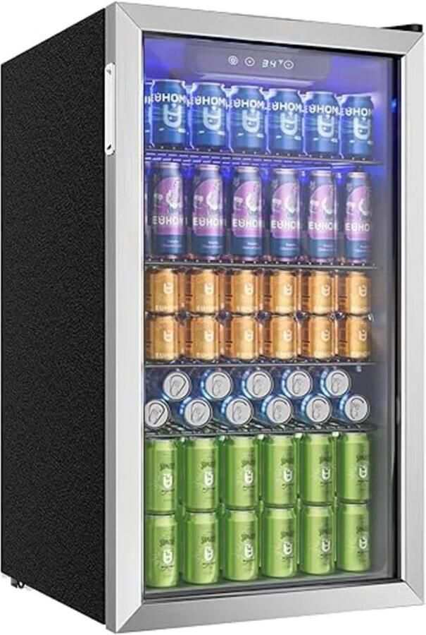 CYRO Mini Koelkast Glazen Deur Mini Koelkasten voor Drinken Minibar LED 126 Blikjes Verstelbare Planken RVS Zilver