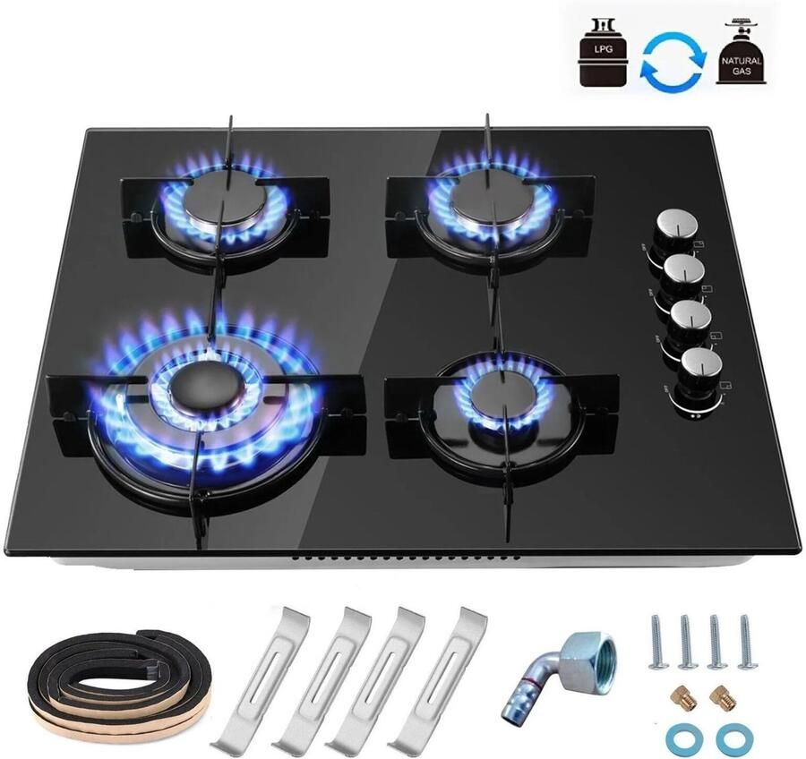 D&A Gasfornuis Gaskookplaat inbouw Gasfornuis 60 cm Kookplaat gas Glaskeramisch 4 Pits