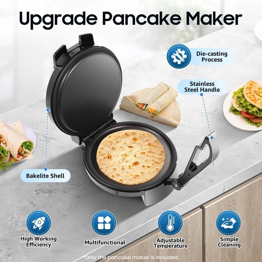 Dailygoods 1200 W elektrische broodrooster temperatuur verstelbare roti-maker persmachine voor pannenkoeken pancakes
