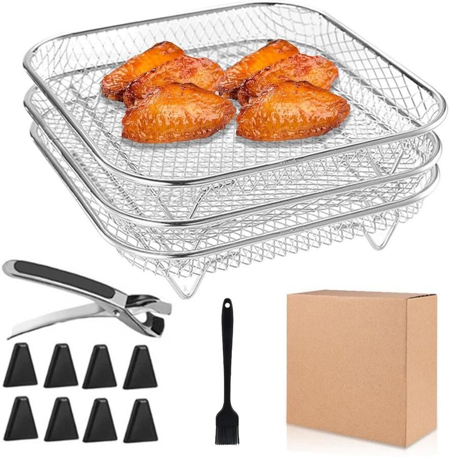 Omgoods 3-delige Air Fryer Grates Set met Siliconen Voetjes en Penselen