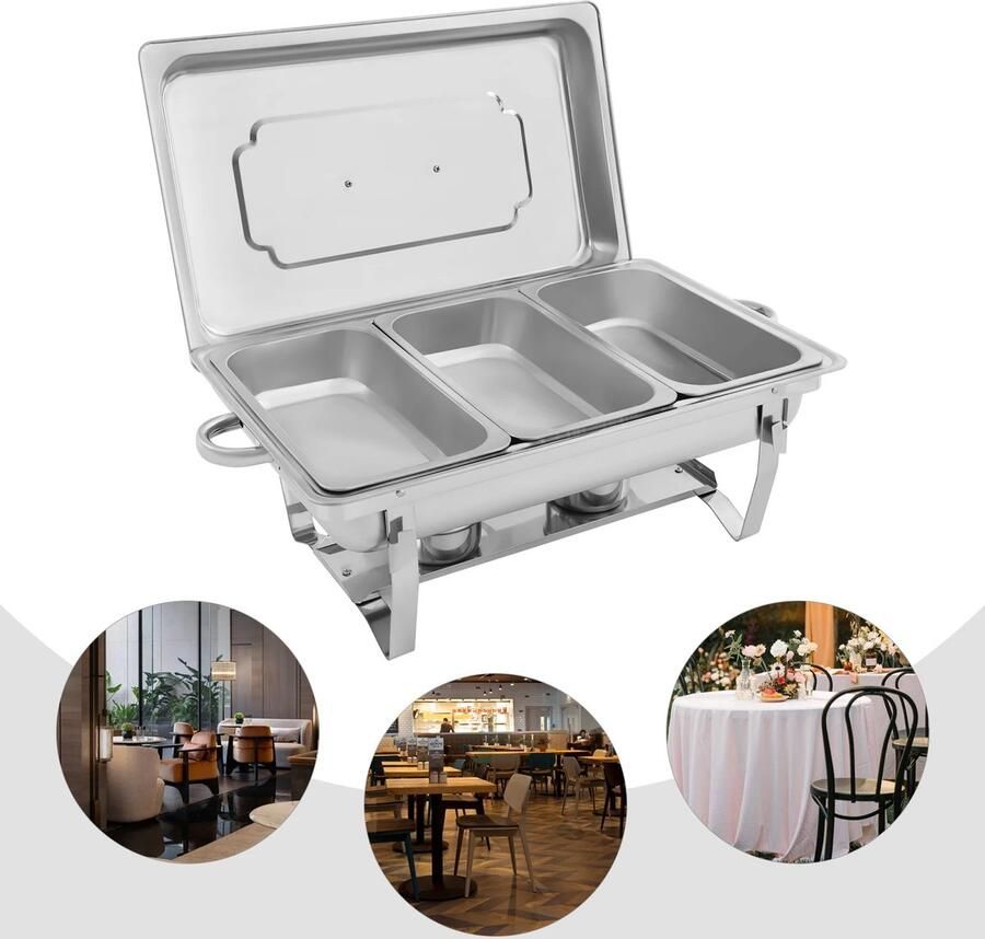 Dailygoods 3-delige chafing dish opvouwbaar 410 roestvrij staal buffetwarmer anti-roest zilver restaurant catering