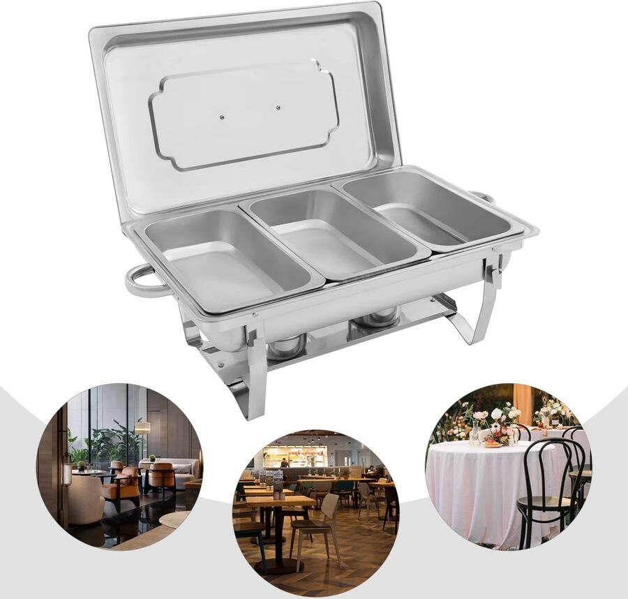 Dailygoods 3-delige chafing dish opvouwbaar 410 roestvrij staal buffetwarmer anti-roest zilver restaurant catering - Foto 1