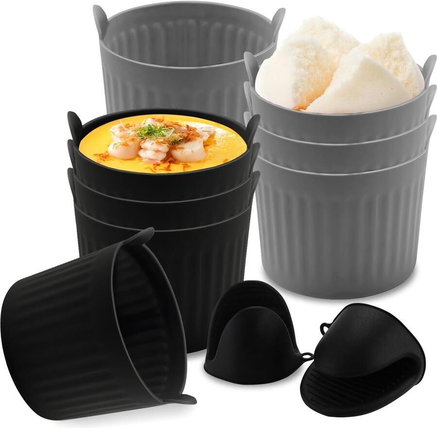 Dailygoods 8 stuks siliconen vorm heteluchtfriteuse: Airfryer siliconen pot liners met 2 ovenwanten BPA-vrije muffinvorm siliconen herbruikbaar voor cake eencrème luchtfriteuse 6 x 6 5 cm