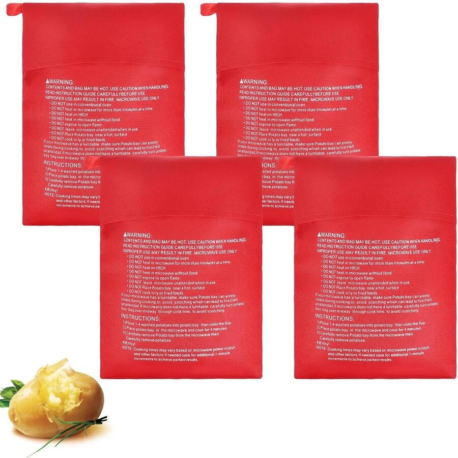 JHUBERS- Aardappelmagnetronzak 4 stuks Herbruikbare Kookzakken Rood Polyester Snel Koken Afmetingen 25 x 18 5 cm Kooktas