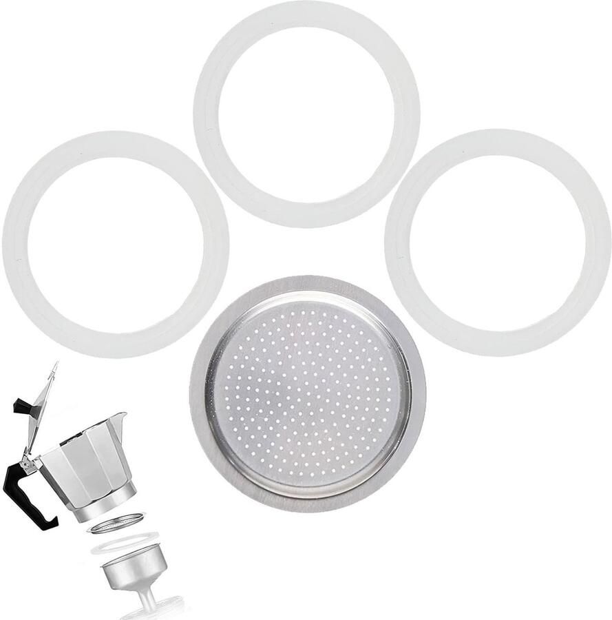Dailygoods- Afdichtring Set van 4 3 Siliconen Afdichtingen Aluminium Zeefinzetstuk Voor Koffiezetapparaten Buitendiameter 7 12 cm Koffiefilter