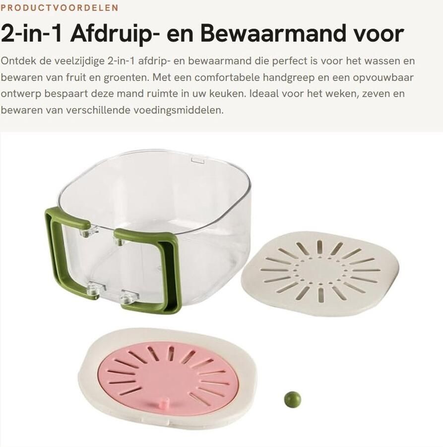 Dailygoods- Afdruipmand 2-in-1 Opvouwbaar Zeef Handgreep Bewaarcontainer 15x8 5cm PP+PET Vergiet