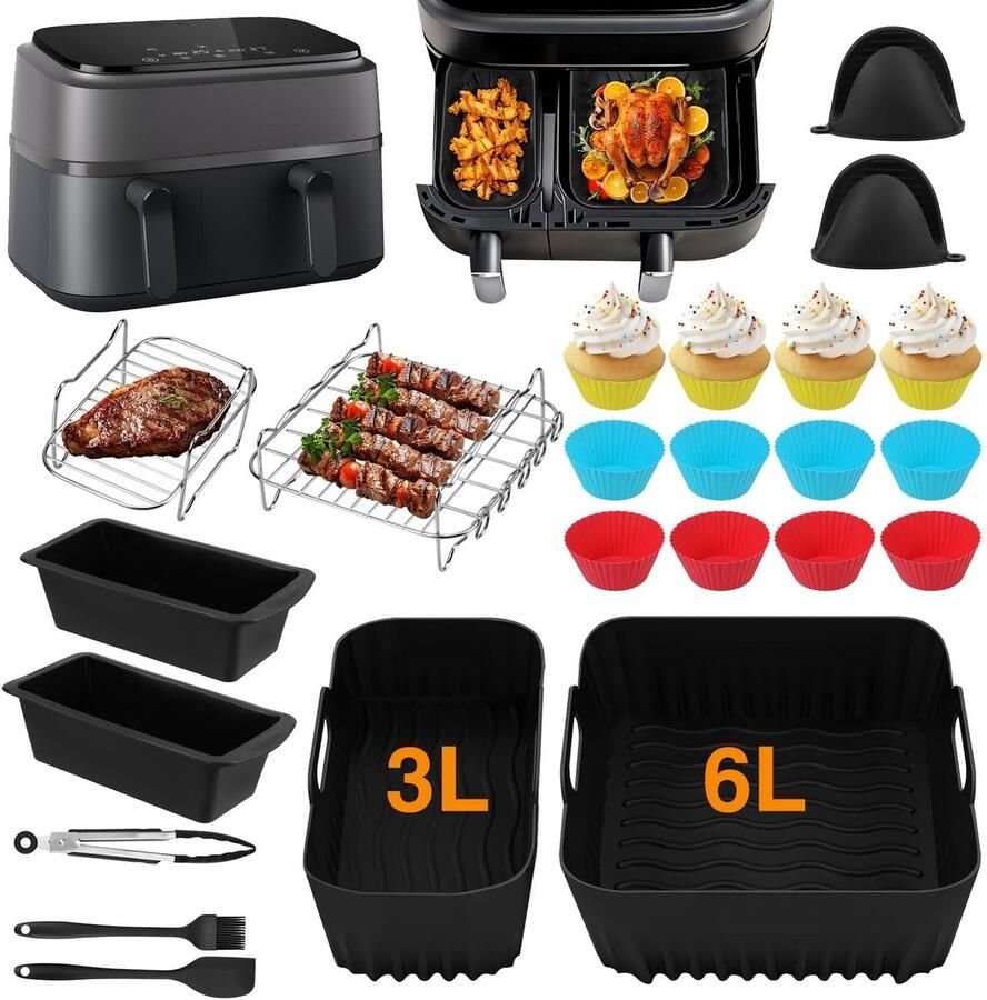 Dailygoods- Airfryer-accessoires 28 stuks Accessoireset voor Philips Dual Basket Airfryer 3000 5000 Siliconen vormen Grillrooster Bakvorm Vaatwasserbestendig Heteluchtfriteuse