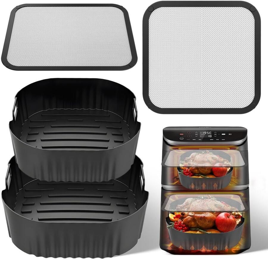 Omgoods- Airfryer Accessoires 4-delig Siliconen Bakvormen 6 5 4 3 l Magnetische Spatbeschermers Roestvrij Staal Antiaanbaklaag Voor Cosori Turbo Tower 10 8 l