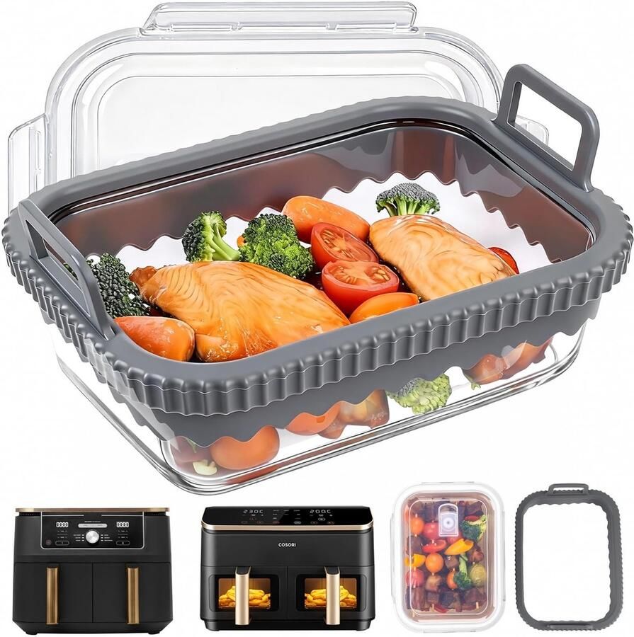 Dailygoods- Airfryer Accessoires Premium Glazen Container 20 8 x 16 5 cm Hittebestendig Krasbestendig Siliconen Handgrepen Voedselveilig Airfryer Bakaccessoires