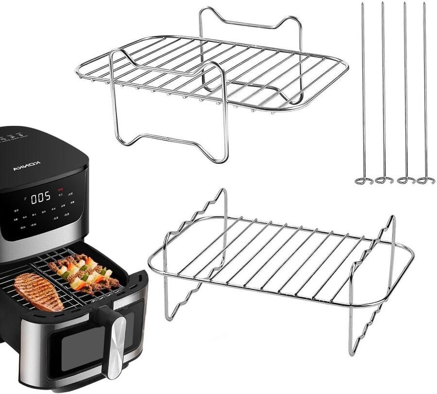 Dailygoods- Airfryer Rack 2 stuks Voedselveilig Roestvrij Stalen Rek Compatibel met Dual Zone Air Fryer Inclusief 4 Spiesjes Afmetingen 20 x 13 cm Vaatwasserbestendig Luchtfriteuse Rek
