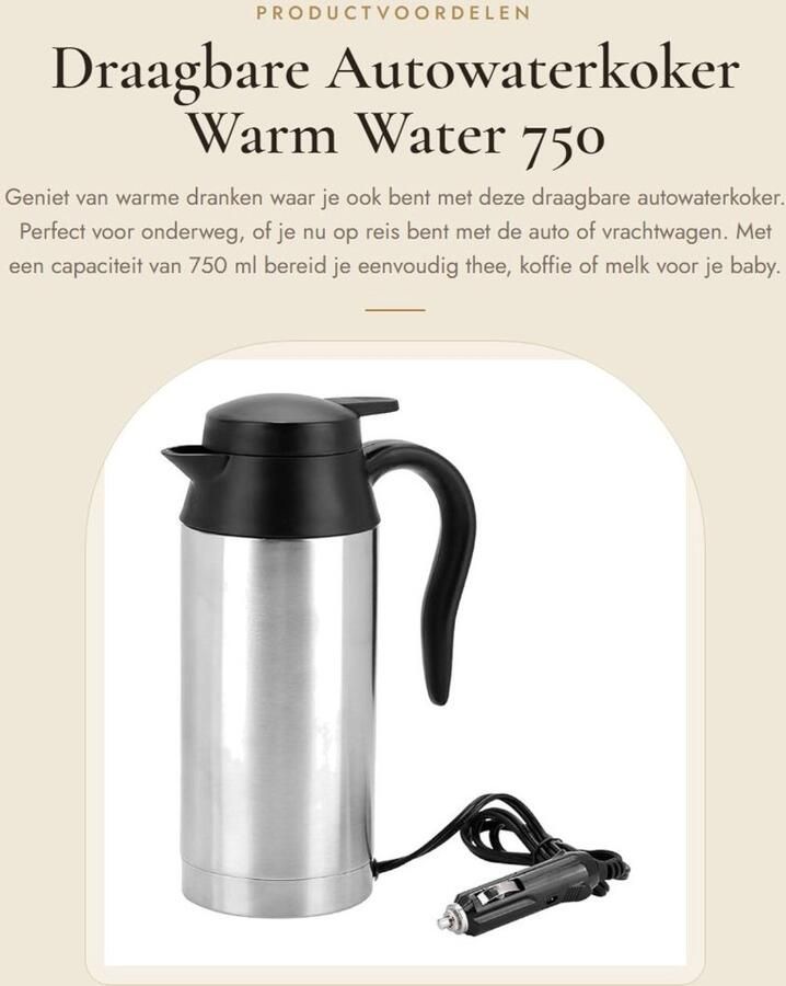 Dailygoods- Autowaterkoker 24V Draagbaar 750 ml Roestvrij Staal 240W Automatisch Uitschakelen Waterkoker