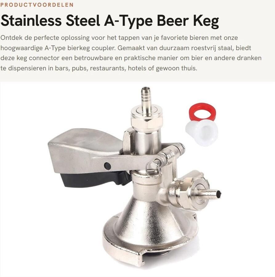 Dailygoods- Bierfustkoppeling A-Type Roestvrij Staal Keg Connector Dispenser Accessoire Met Ontlastklep Geschikt voor Bier- en Cola Vaten Bierkeg
