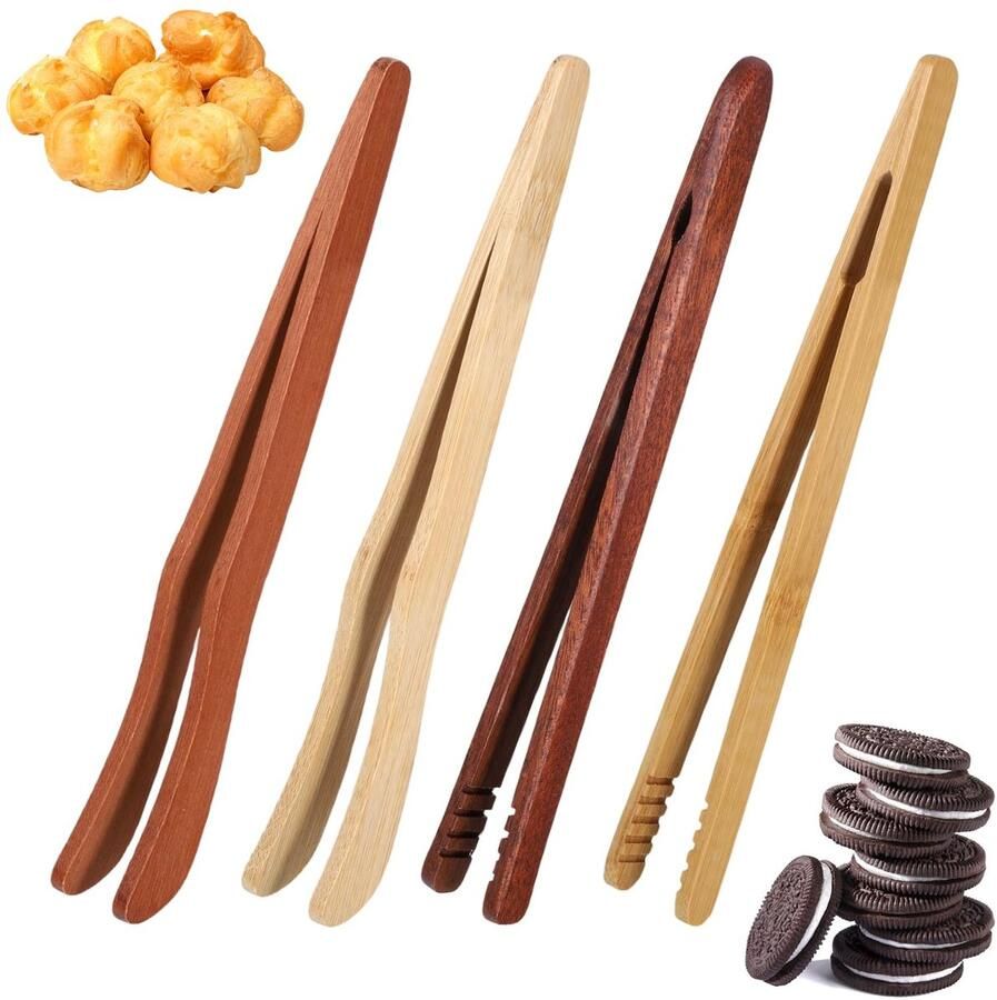 Dailygoods- Broodrooster Tang Herbruikbaar Bamboe Keukengerei Antislip Multifunctionele Kooktang Set van 4 Compact Keukentangen