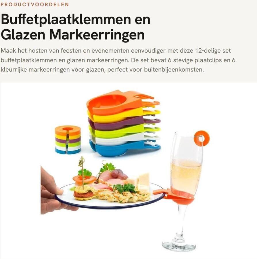 Dailygoods- Buffetplaatklemmen 12-delige set Plaathouders ID-ringen Feestaccessoires Kleurige markeringen Ideaal voor buffetten Houdt glazen borden stevig vast