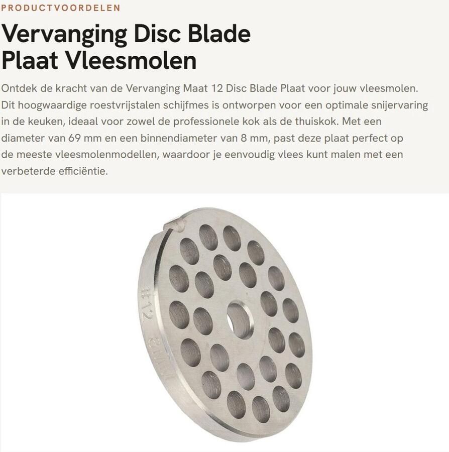Dailygoods- Disc Blade Vervangingsplaat Roestvrij Staal 69mm Diameter 8mm Binnengat Vleesmolen Accessoire Duurzaam en Hygiënisch Vleesmolenplaat