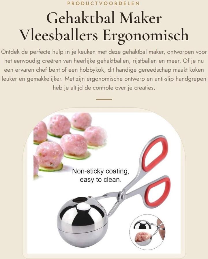 Dailygoods- Gehaktbal Maker Roestvrij Staal Antiaanbak Vleesballer Ergonomisch Handvat Rijstballen Maker Koekjesdeeg Maker Veilig en Stevig