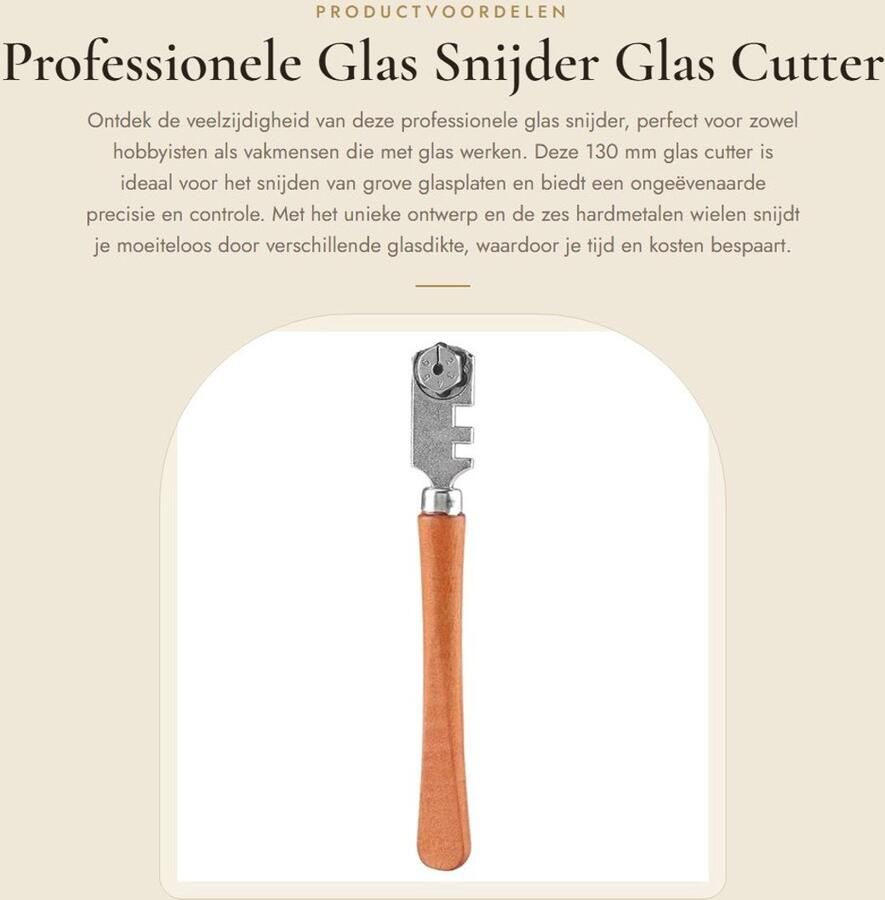 Dailygoods- Glas Snijder Professionele Roller 6 Hardmetalen Snijwielen Houten Handvat Geschikt voor Snijdikte 4-10 mm Slijtvast Schone en Gladde Sneden Glas Snijgereedschap