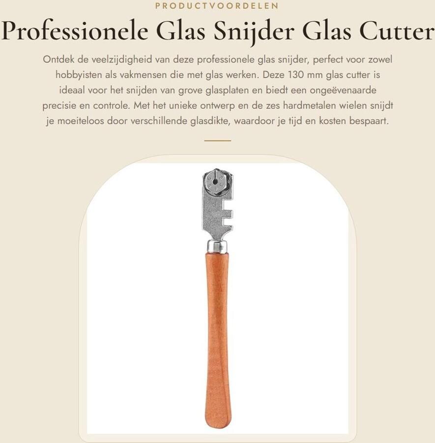 Dailygoods- Glas Snijder Professionele Roller 6 Hardmetalen Snijwielen Houten Handvat Geschikt voor Snijdikte 4-10 mm Slijtvast Schone en Gladde Sneden Glas Snijgereedschap