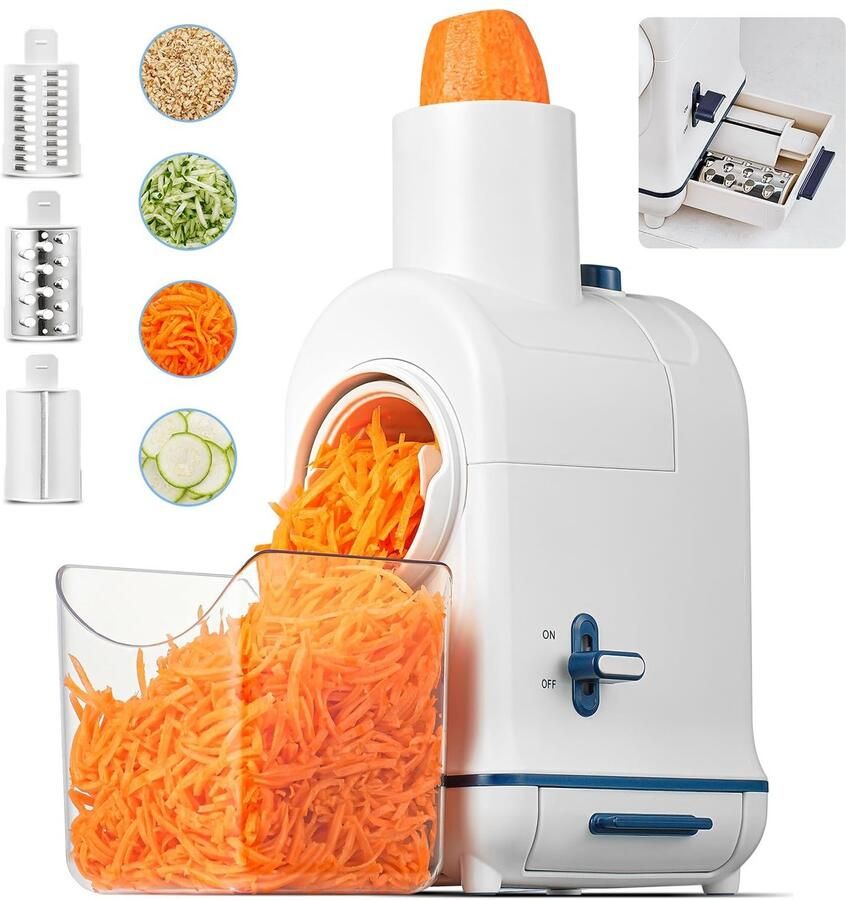Dailygoods- Groentesnijder Elektrisch 80W Motor 3-in-1 Functie Grote Invoerschacht 64mm Snelle Ontlading 83mm Inclusief 3 Inzetstukken Keukenmachine