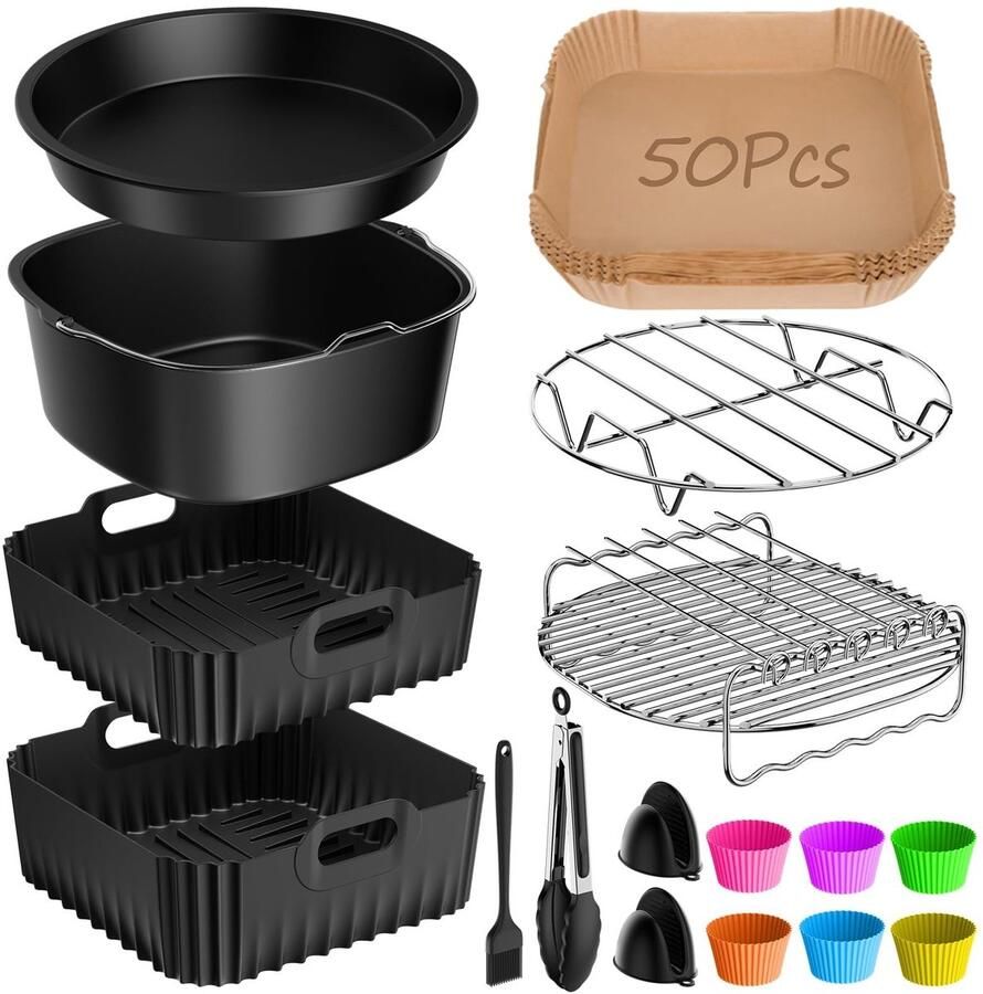 Dailygoods- Heteluchtfriteuse 17-delige Accessoireset Siliconen Bakmatten Roestvrij Stalen Grillrooster Pizzaplaat Antiaanbak Bakvorm Multifunctioneel Gebruik Airfryer Accessoires