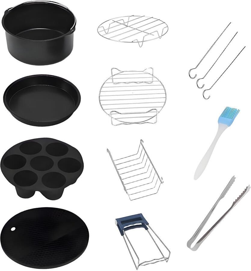 Dailygoods- Heteluchtfriteuse Accessoires 13-delig Bakvorm met Greep Siliconen Pad Ronde Vierkante Grill Borstel Clip Hittebestendig Roestvrij Staal Airfryer Accessoires