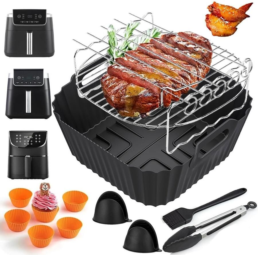 Dailygoods- Heteluchtfriteuse Accessoires 15-delig Siliconen Inzetstuk Grillrooster met Spiesen Muffinvormen Perfecte Pasvorm voor Ninja Cosori Airfryer Accessoires
