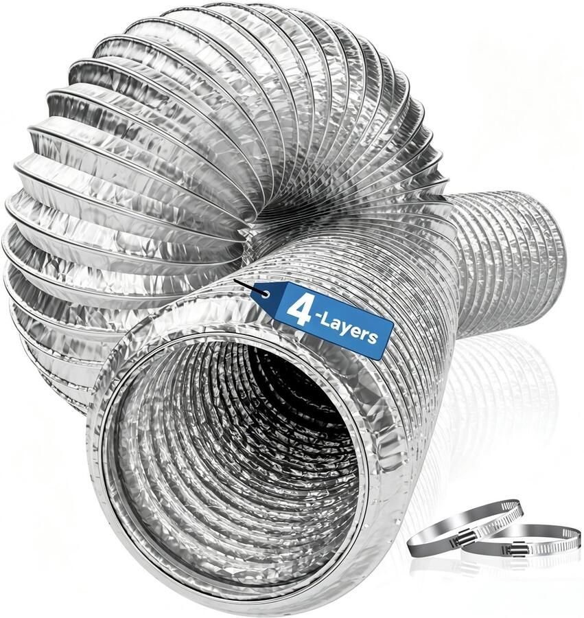 Dailygoods Hon&Guan Aluminium buis afvoerslang 100 mm lengte 5 m geïsoleerd 4 lagen verdikte universele drogerslang aluminium flexibele buis met 2 slangklemmen roestvrij staal voor afzuigkap badkamer