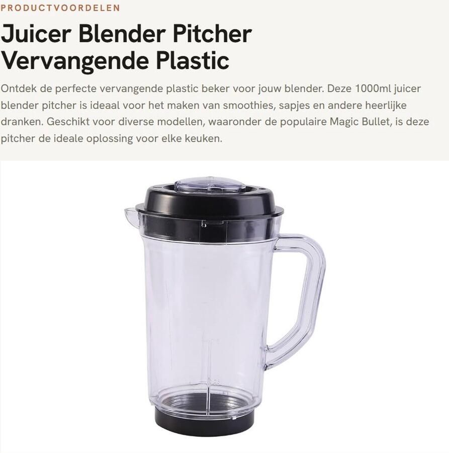 Dailygoods Juicer Blender Pitcher Vervangende Plastic Beker 1000ml Geschikt voor Magic Bullet Temperatuurbestendig