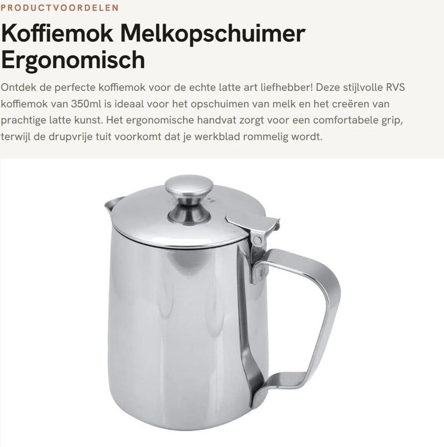 Dailygoods- Koffiekop 350ml Melkkannetje Melkopschuimkan Roestvrij Staal Ergonomische Handgreep Deksel tegen morsen Melkkan