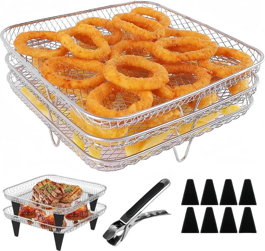 Dailygoods- Luchtfriteuse Rek 3-laags 21 x 21 x 9 cm Roestvrij Staal Siliconen Voetjes Ovenaccessoires Efficiënte Luchtcirculatie Airfryer Rek