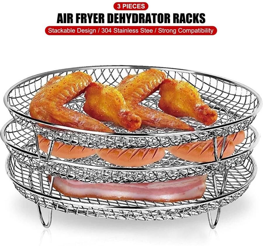 Dailygoods- Luchtfriteuse Rek Stapelbaar Ontwerp Roestvrij Staal Geschikt voor Dehydrator Oven en Vaatwasmachinebestendig 20 x 9 x 4 cm Droogrek