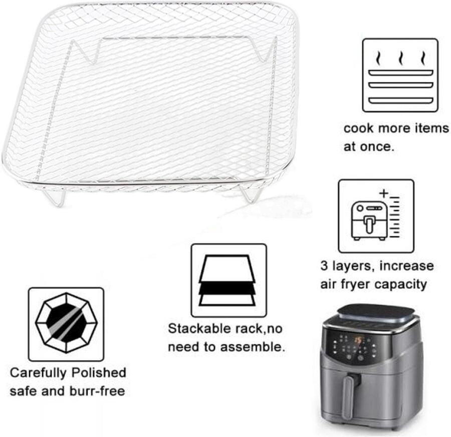 Dailygoods- Luchtfriteusemand 3 Stuks Roestvrij Stalen Grillmand Stapelontwerp Gaasmandenset Vaatwasmachinebestendig Verhoogt kookruimte Airfryer Rek
