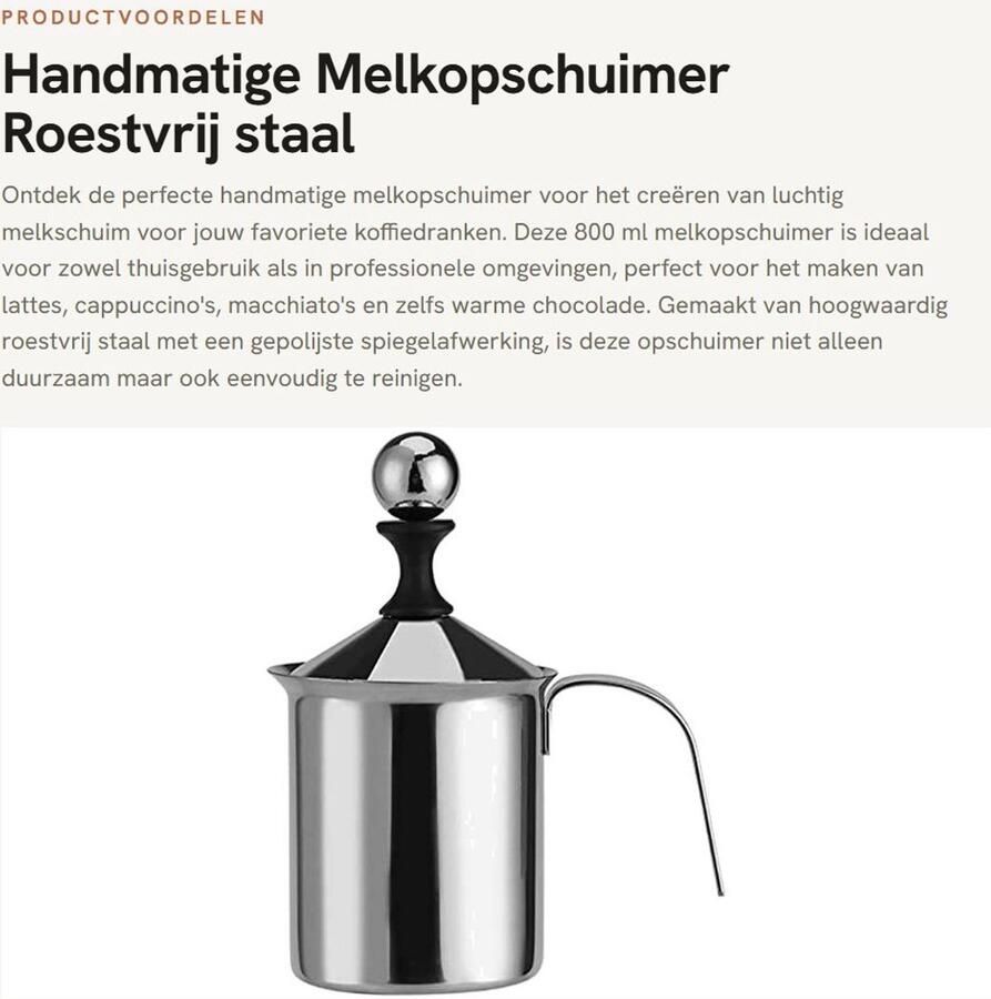 Dailygoods- Melkopschuimer 800 ml Handmatige Melkopschuimer Roestvrij Staal Vaatwasmachinebestendig Comfortabele Handgreep Elegant Gieten Koffieschuimer