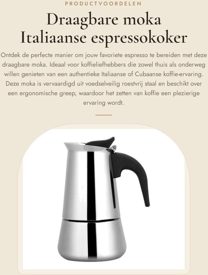 Dailygoods- Moka Koffiezetapparaat Draagbaar Roestvrij Staal Ergonomische Greep Inhoud 100 200 300 450 ml Brede Bodem