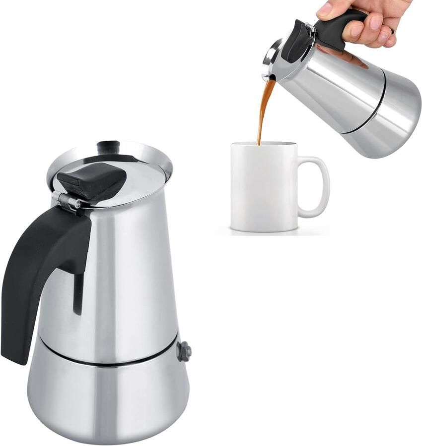 Dailygoods- Moka Koffiezetapparaat Draagbaar Roestvrij Staal Ergonomische Greep Inhoud 100 200 300 450 ml Brede Bodem