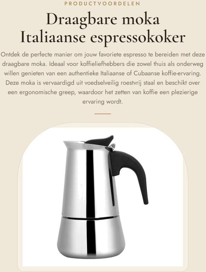 Dailygoods- Moka Koffiezetapparaat Draagbaar Roestvrij Staal Ergonomische Greep Inhoud 100 200 300 450 ml Brede Bodem