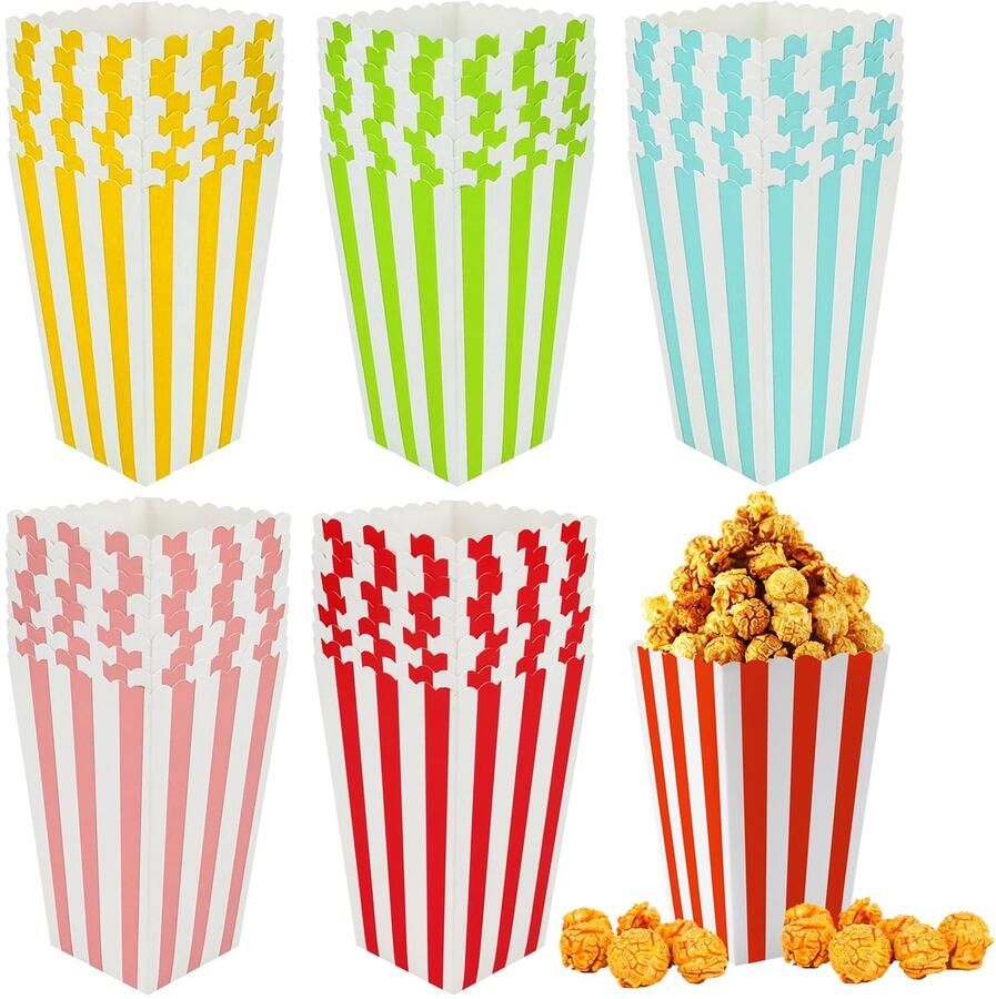 Dailygoods- Popcorndozen 50 Stuks Retro Streepjes Voedselveilig Karton Compact 11 5x7x5 cm Lichtgewicht Waterdicht Perfect voor Feestjes Popcornbakjes