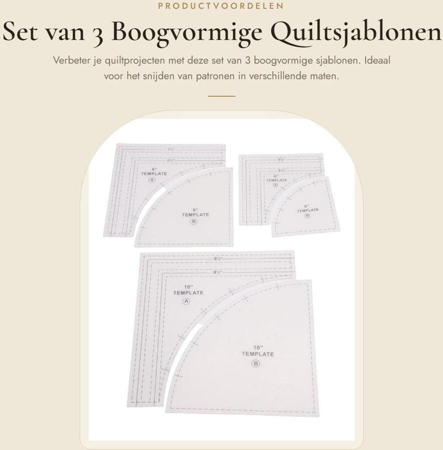 Dailygoods- Quiltsjablonen Boogvormige Linialen 3 Sets 10 8 6 Inch Naadtoeslag 1 4 Inch Knutselgereedschap Efficiënt Ontwerp Snijliniaal