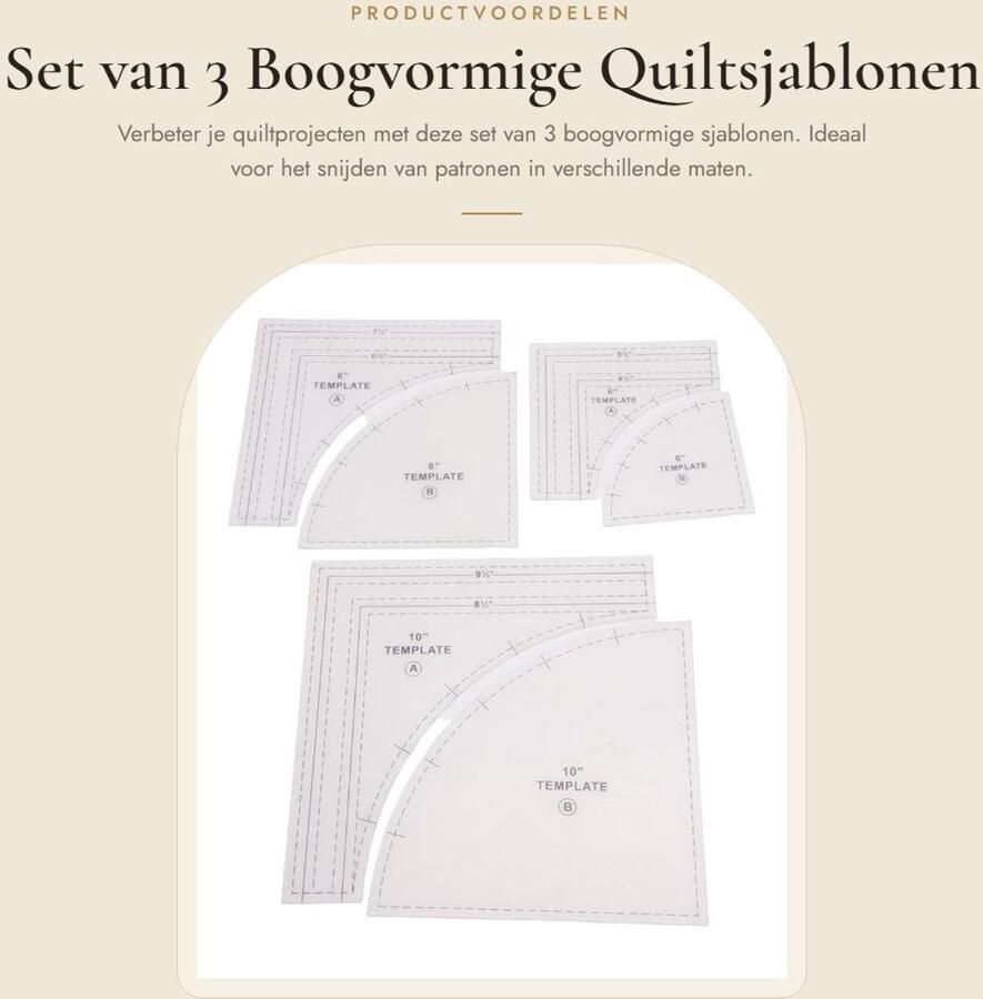 Dailygoods- Quiltsjablonen Boogvormige Linialen 3 Sets 10 8 6 Inch Naadtoeslag 1 4 Inch Knutselgereedschap Efficiënt Ontwerp Snijliniaal