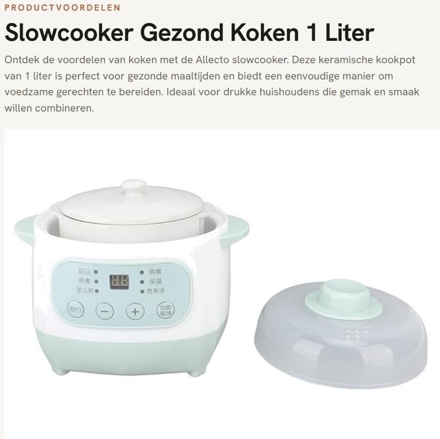 Dailygoods- Slowcooker 1L Keramisch Gezond en Veilig Kookpot Efficiënte Verwarming Gemakkelijk Mee Te Nemen Duurzaam Materiaal Stoofpot