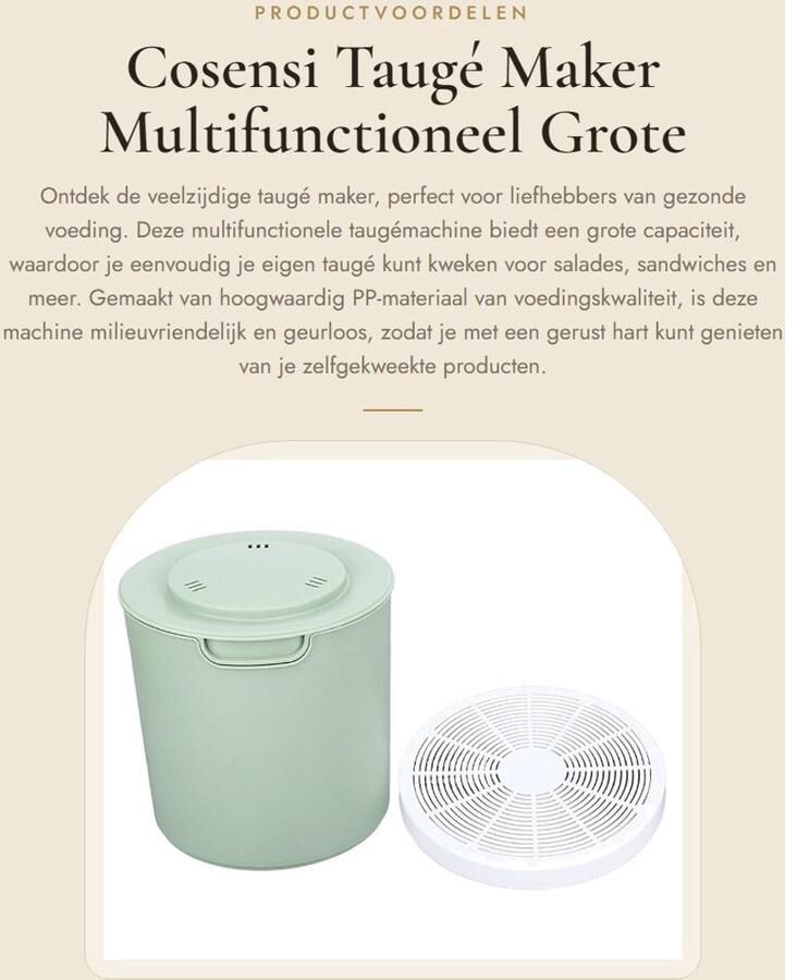 Dailygoods- Taugé Maker Grote Capaciteit Multifunctioneel Voedingskwaliteit PP Gemakkelijk te Reinigen Volautomatisch Ideaal voor Taugé en Natto Zaadkiemmachine