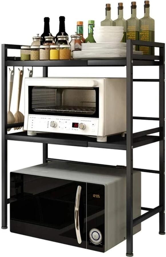 Dailygoods Uitschuifbare magnetron- en ovenstandaard voor magnetron metalen magnetronplank met 6 hanghaken voor magnetr